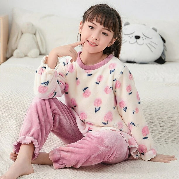 Ropa para niñas, conjunto de pijamas de lana de Navidad, franela para niños, ropa de dormir cálida de dibujos animados, ropa de casa para niños, invierno, otoño, primavera, adolescentes de 5 a 15 años