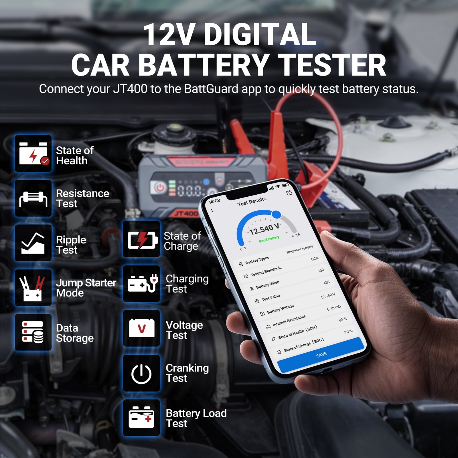 LOKITHOR JT400 Jump Starter and Battery Tester 2-in-1,2500A 12V Portable Battery Jump Starter，100-2000 CCA Load Capacity Automotive Load Tester(8.5LGas/6.5LDiesel）Engines