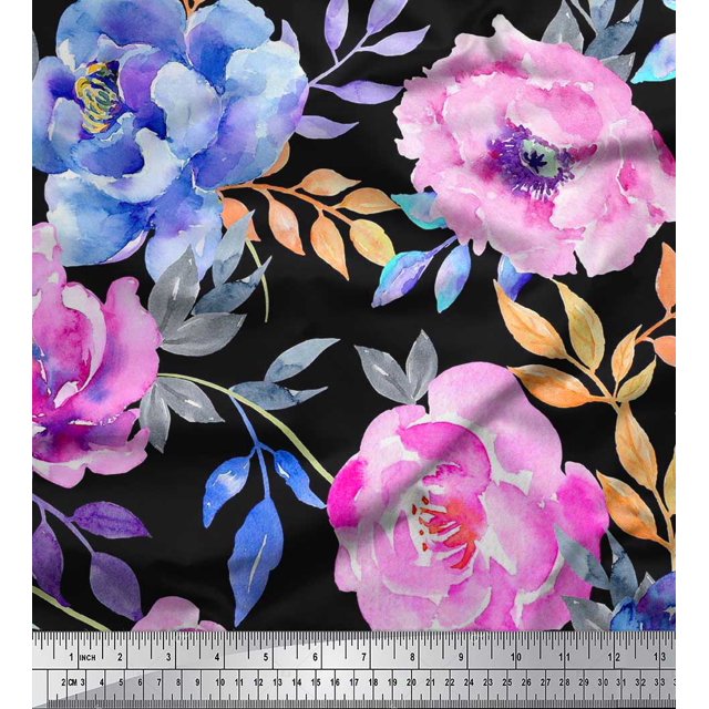 Soimoi Black polyester Crepe Fabric Leaves & Floral Print Sewing Fabric BTY 42 Inch Wide