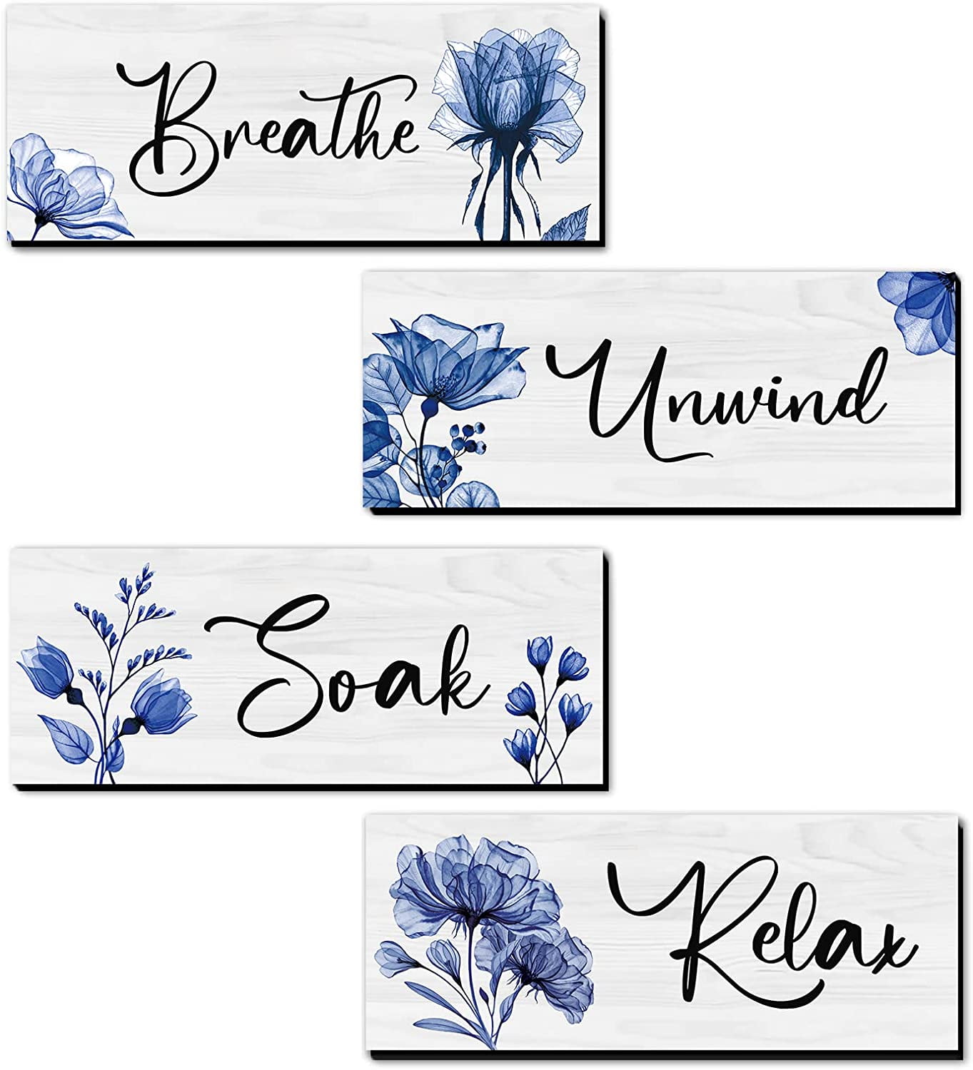 CELIVESGG 4 Pieces Bathroom Wall Decor, Blue, Flower Wall Art Wooden Hanging for Gallery Walls or Home Decoration