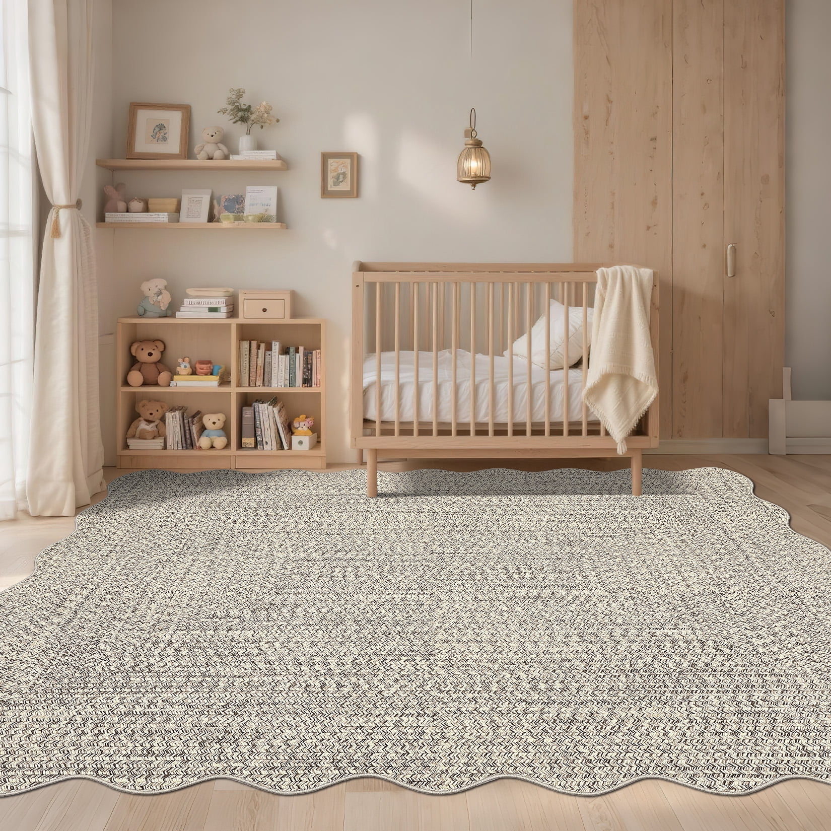 Garvee 10'x13' Scalloped Rug Farmhouse Braided Print Carpet, Washable Rug Soft Non Slip Low Pile Rug Indoor Neutral Carpet for Living Room Bedroom Dining Room, Beige Gray
