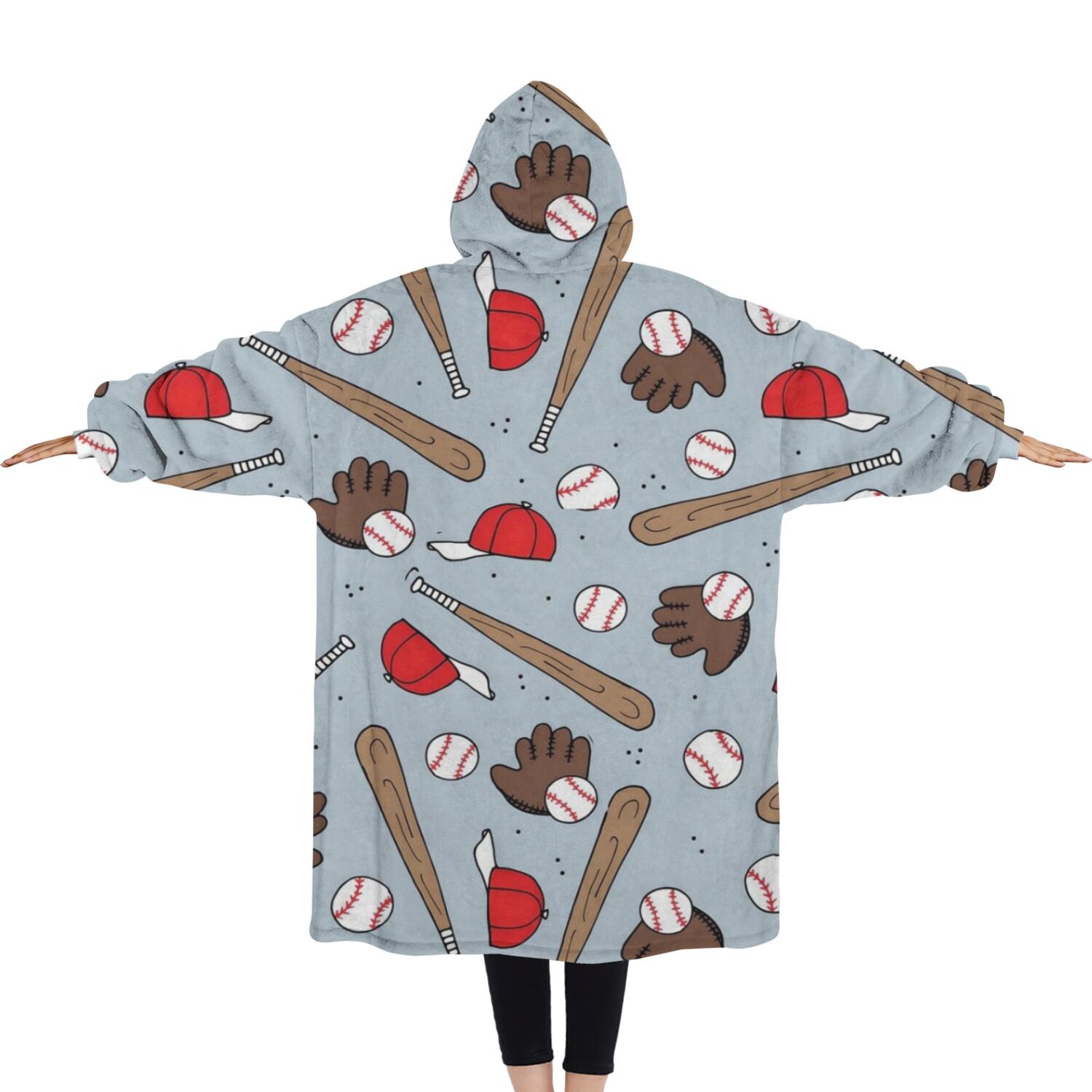 Oversized Wearable Blanket Hoodie,Blue Baseball Gear Pattern Sherpa Blanket Hoodie with Super Pockets,Super Warm Fuzzy Pullover for Women & Men