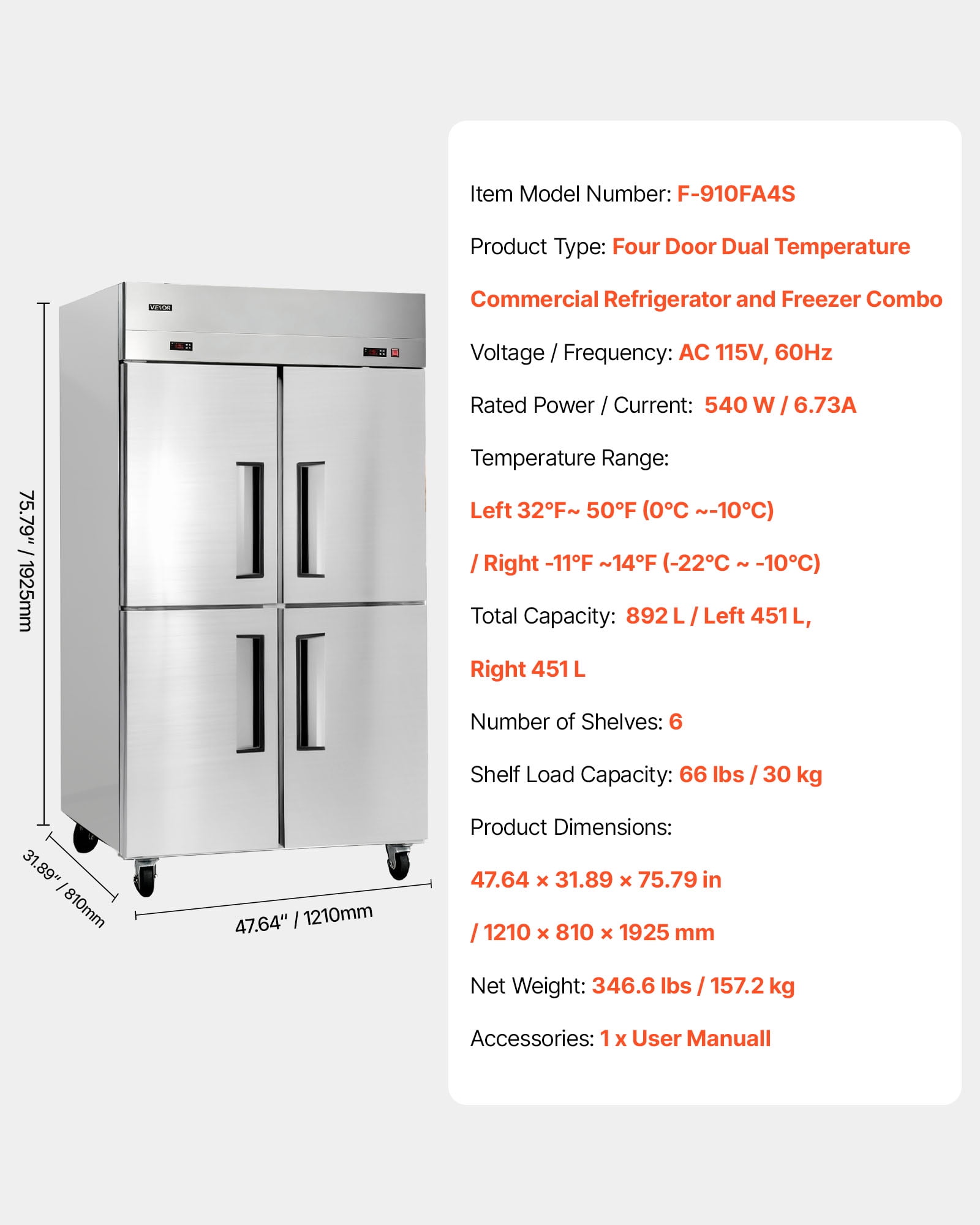 VEVOR Commercial Refrigerator and Freezer Combo 48"W, 31 Cu.Ft Stainless Steel Upright Freezer/Refrigerator with 4 Doors, Auto-Defrost, 6 Adjustable Shelves, UL Certified