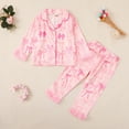 thumbnail image 2 of CUZIBR Kids Girls Toddler Casual Spring Outfits Stylish Long Sleeved Cute Bows Print Button Down Ruffles Trim Blouse Tops Trousers 2 Piece Set Sleep Wear Cozy Soft Home Dailywear,Pink,5-6 Years, 2 of 3
