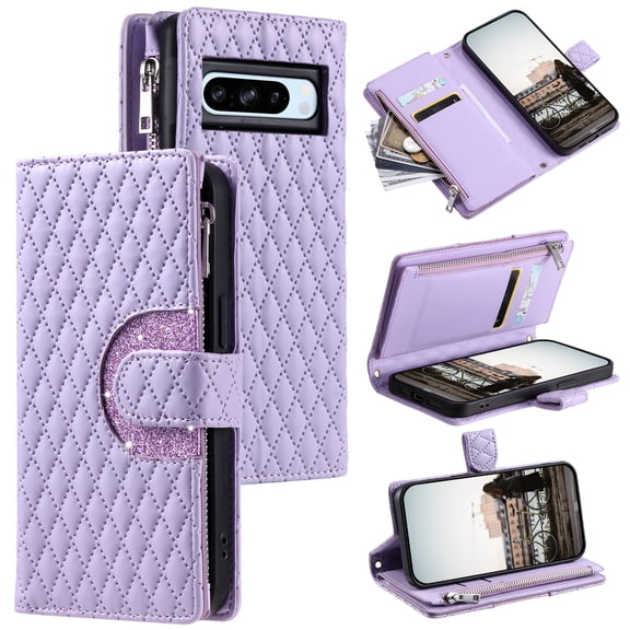 TECH CIRCLE Wallet Case For Google Pixel 6a,PU Leather Zipper Flip Folio Bling Case Wristlet Shoulder Strap Magnetic Closure Stand Protective Case for Google Pixel 6A 5G 6.1" 2022,Purple