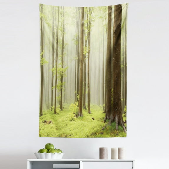 Spring Tapestry, Misty Springtime Beech Forest Photo Taken in the Mountains of Central Europe, Fabric Wall Hanging Decor for Bedroom Living Room Dorm, 5 Sizes, Brown Green, by Ambesonne