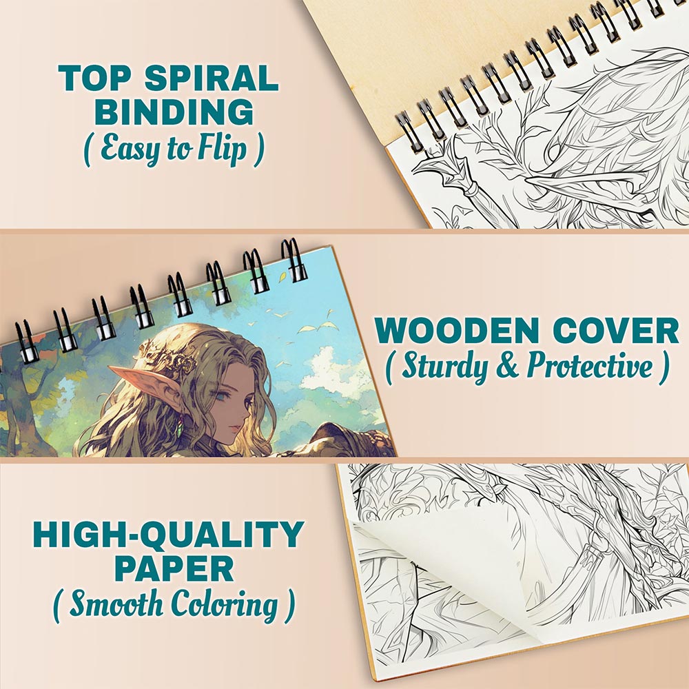 Netecom Elf Warrior Coloring Book for Adults, A5 Wooden Cover, 30 Epic Coloring Pages of Elven Warriors for Stress Relief and Relaxation, Spiral Bound Edition