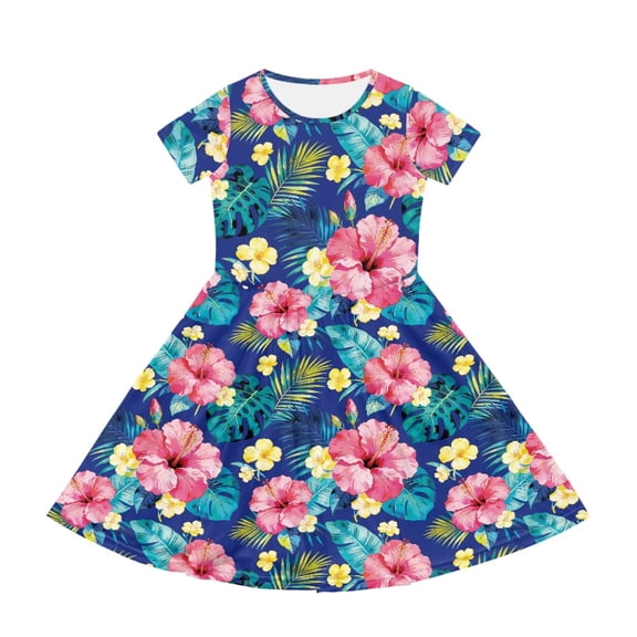 Uourmeti Blend Short Sleeve Long Skirt Dress for School Comfy Soft 2-14 Years Old Girls Short Sleeve Casual Dress, Tropical Hibiscus Floral