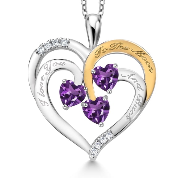 Gem Stone King Two Tone Purple Amethyst and Purple Amethyst Created Moissanite `I love you to the moon and back` Engraved Pendant Necklace for Women (1.26 cttw, Heart Shape 5MM, 18 inch Chain)