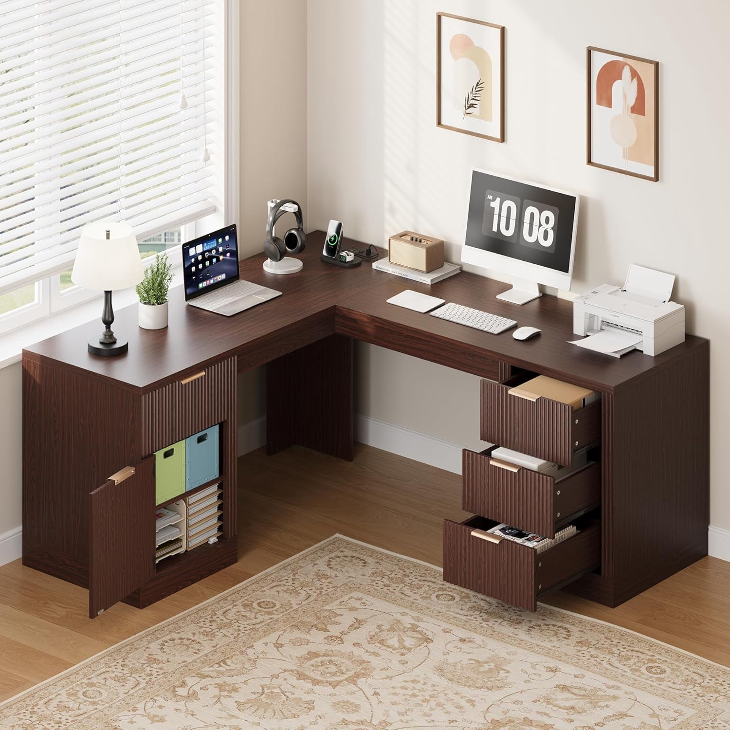 Kuublock 69" Executive L Shaped Desk, Wood Corner Executive Computer Desk with Power Outlets & Storage Drawers, Large Office Desk Workstation for Home, Dark Walnut