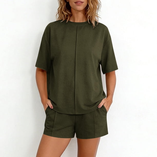 Pantalones Verde Olivo Mujeres Moda Color Sólido Manga Corta suelta Cuello Redondo Túnica Top y Shorts Set Túnica Conjunto para Mujeres