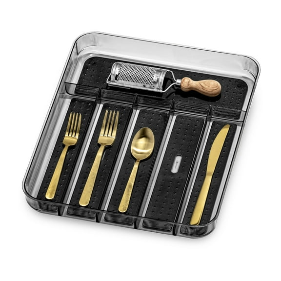 madesmart 5 Compartment Silverware Tray, Clear Collection, Non-Slip, Carbon/Light Grey