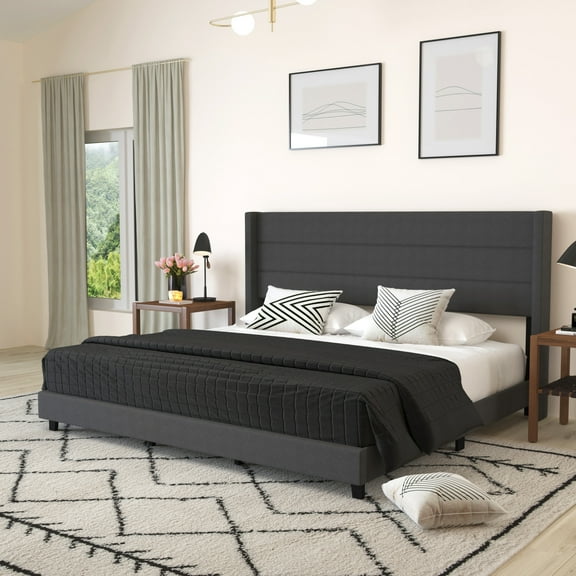 Merrick Lane Modern King Platform Bed with Padded Channel Stitched Charcoal Faux Linen Upholstered Wingback Headboard and 8.6" Underbed Clearance