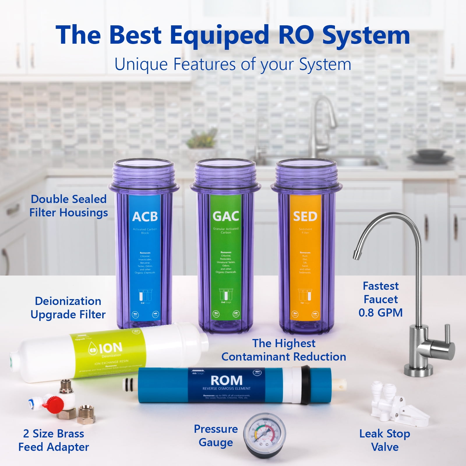 Express Water Deionization Reverse Osmosis Water Filtration System - 6 Stage RO DI Water Filter with Modern Brushed Nickel Faucet and Tank - Distilled Pure - Under Sink Home Water Softener - 100 GPD