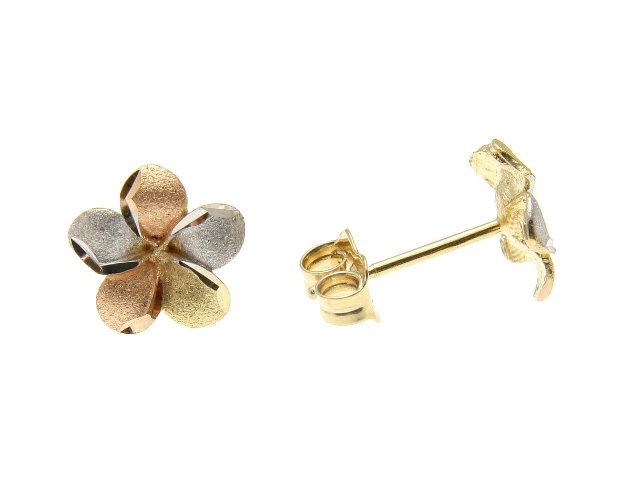 9MM 14K SOLID TRICOLOR YELLOW PINK WHITE GOLD HAWAIIAN PLUMERIA FLOWER EARRINGS
