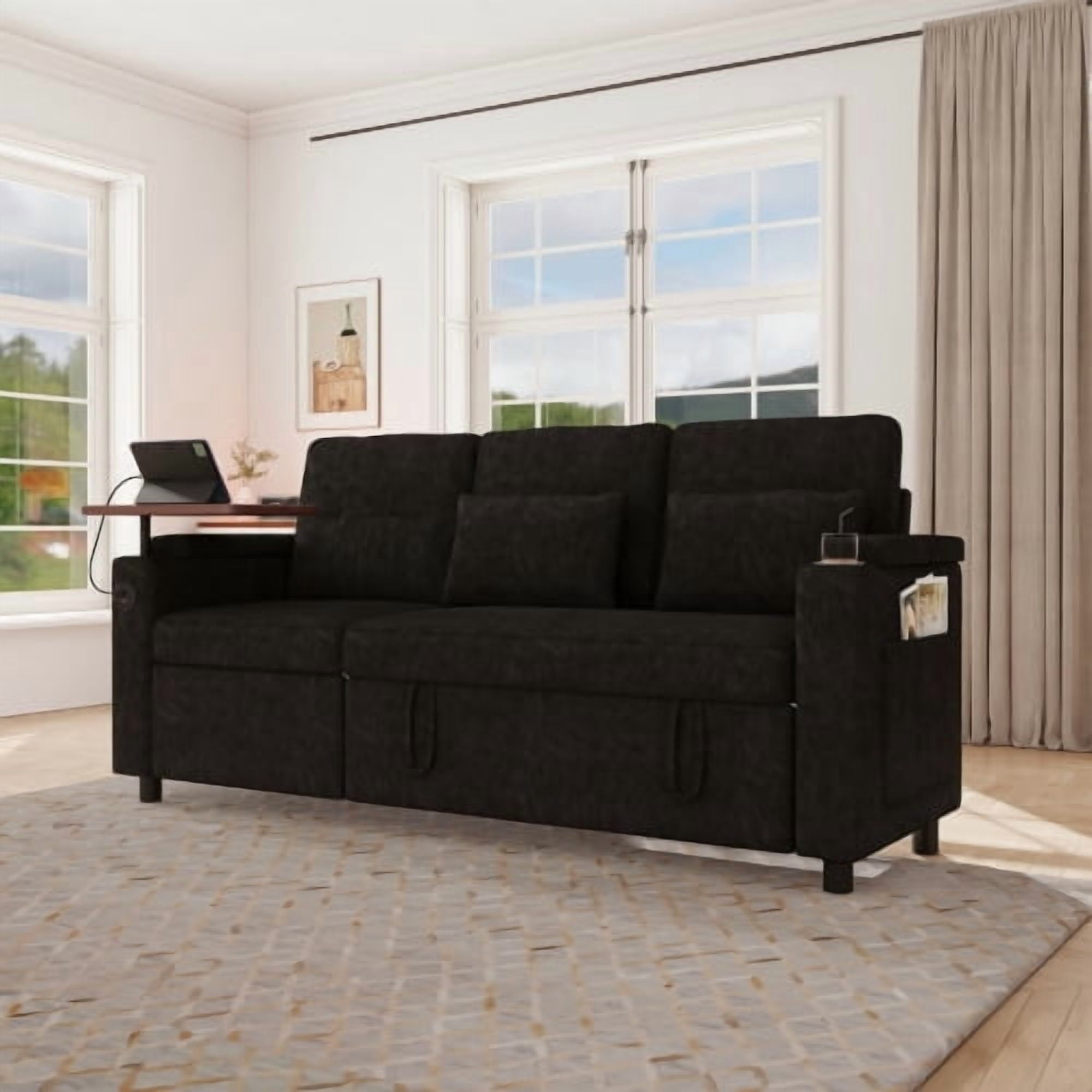 81" 3-in-1 Convertible Sofa Bed, Electric Recliner & Sleeper with Table, USB Ports, Storage Armrests, Chenille, 6 Adjustable Positions, Black