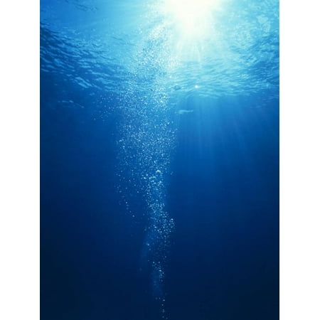 Bright Light Shooting To Surface Of Deep Blue Sea With Trail Bright Light Shooting To Surface Of Deep Blue Sea With Trail Bubbles Print Wall Art