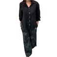 thumbnail image 2 of Womens 2 Piece Outfits Dressy Casual Long Sleeve Collared Shirt and Wide Leg Trouser Pant Loose Sets with Prints (S, Black), 2 of 8
