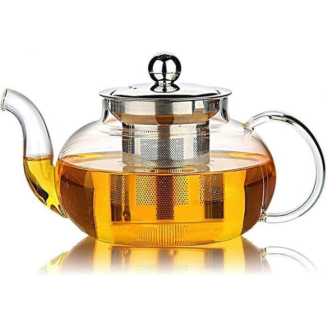 Glass Teapot with Stainless Steel Infuser & Lid, Borosilicate Glass Tea Kettle Stovetop Safe, Blooming & Loose Leaf Teapots, 27 Oz