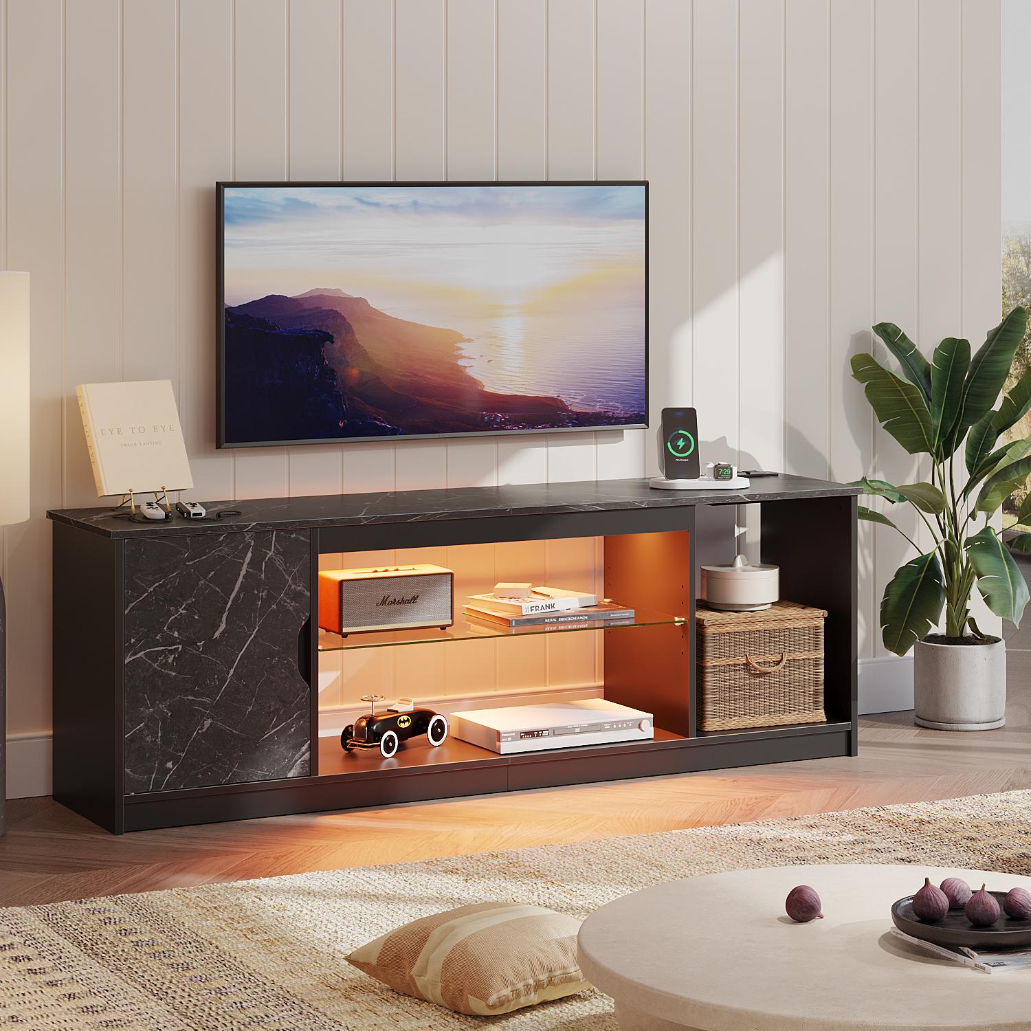 Bestier 65" TV Stand with LED Lights and Power Outlets, Black Marble photo 4