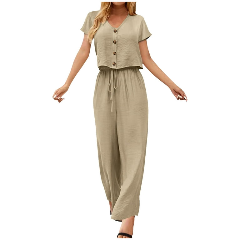 Elegant Two-piece Pants Set, Short Sleeve V-neck T-shirt & Tie Front Solid  Wide Leg Pants Outfits, Women's Clothing
