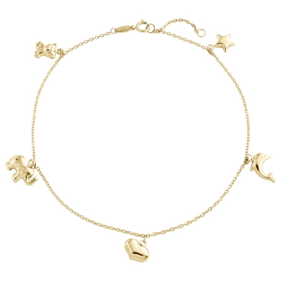 14K Yellow Gold Fancy Link Chain Statement 12mm Dolphins Charm Anklet 9" 1" Ext.