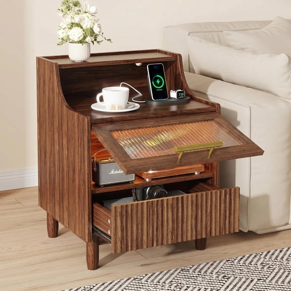 Virans Fluted Nightstand with Drawer & Transparent Storage, End Table with Charging Station and Light for Bedroom Living Room, Walnut