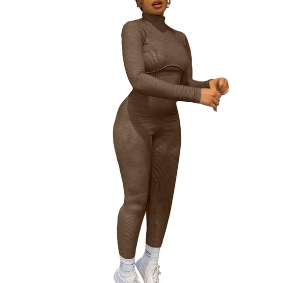 Wyobmus Women's Slim Fit Jumpsuit Casual Fashion Tight Solid Color Half High Neck Long Sleeved Ribbed Jumpsuit Coffee