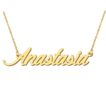 HUAN XUN 18k Gold Plated Anastasia Name Necklace Stainless Steel Nameplate Necklaces for Womens Mens Mother Day Christmas Jewelry Gift