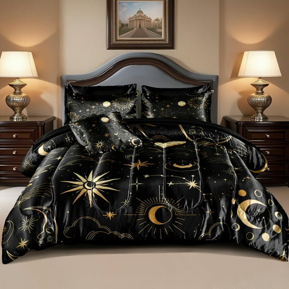 Sun and Moon Comforter Set Gray Satin Bedding Set Stars Cloud Galaxy Comforter Mysterious Celestial Theme Silk Like Silky Bed in A Bag with Comforter and Sheets