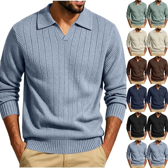 Men’s Long Sleeve Sweater Open V‑Neck Half Placket Textured Cable Knit Pullover Casual Relaxed Fit Collared Top