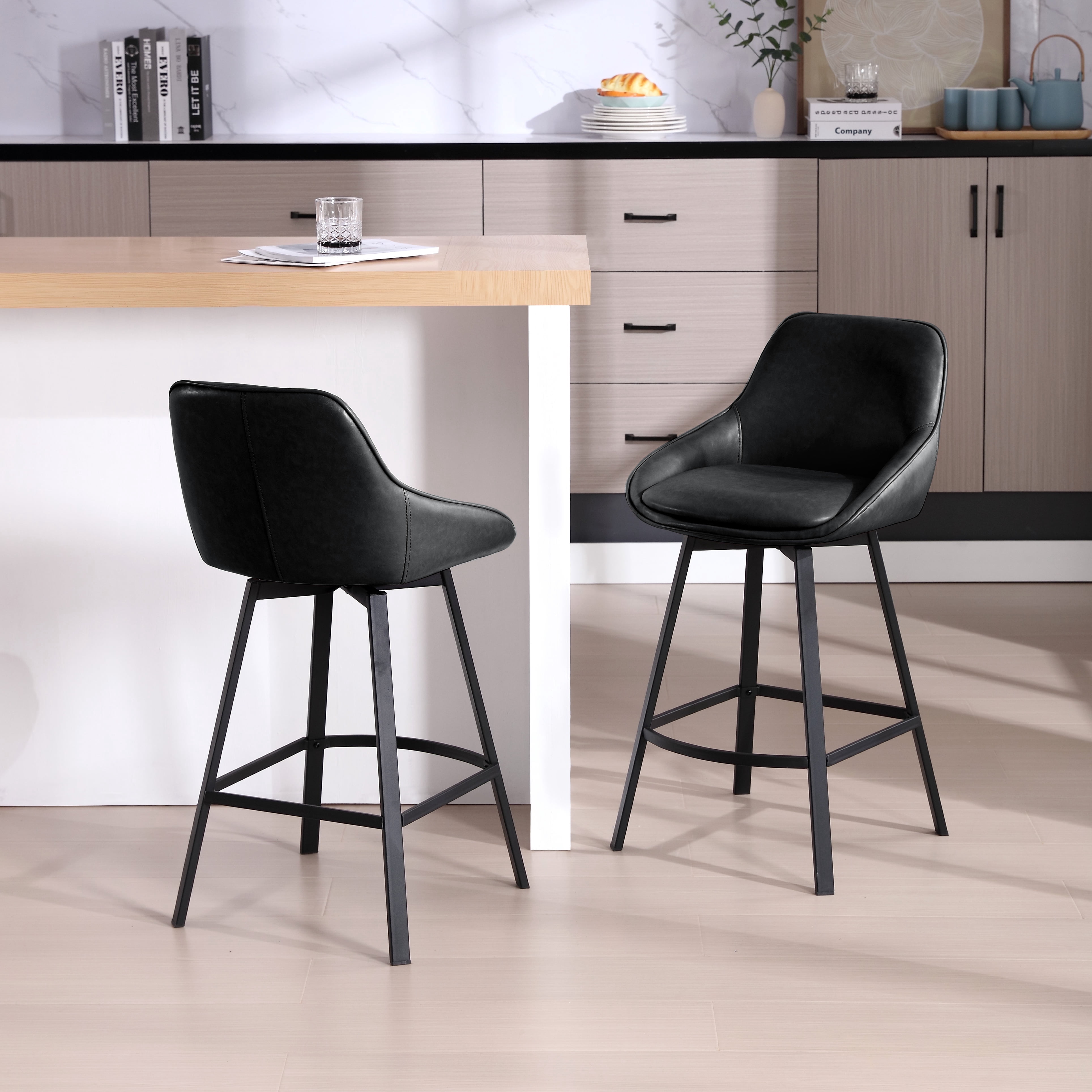 Zesthouse 25.6" Swivel Counter Height Bar Stools Set of 2, Modern Counter Height Chairs with Backs and Metal Legs, Upholstered Faux Leather Barstools for Kitchen Island, Black