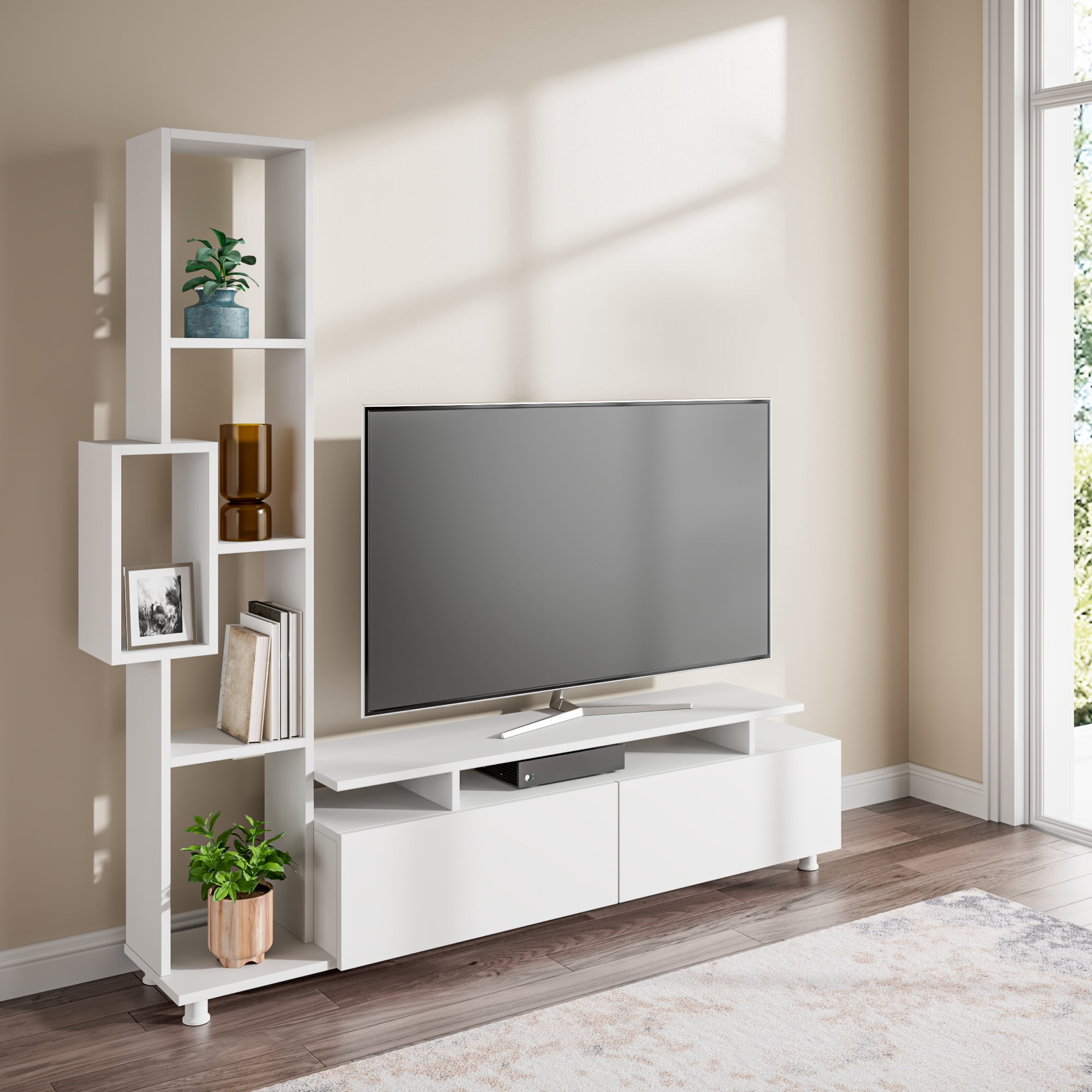 Ada Home Decor Furniture for TVs up to 53" 4 Tier White Rossano Modern TV Stand with Doors