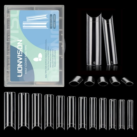 LIONVISON Puntas de uñas cuadradas curvas No C para uñas acrílicas profesionales XXL 12 tamaños Puntas de uñas cuadradas cónicas Media cubierta francesa Puntas de uñas rectas transparentes extra larga