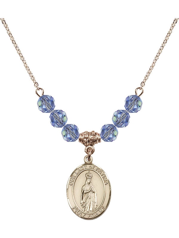 18-Inch Hamilton Gold Plated Necklace with 4mm Sapphire Birthstone Beads and Gold Filled Our Lady of Fatima Charm.