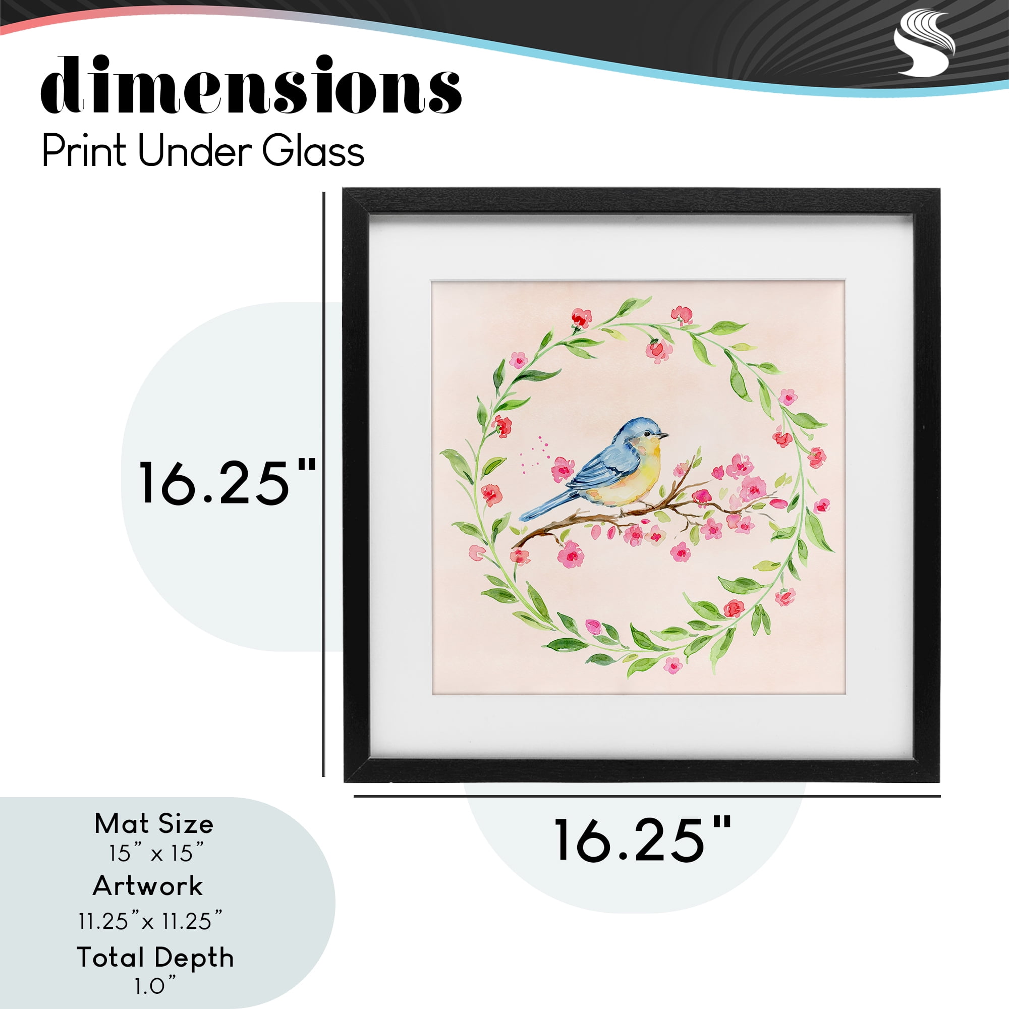 Spring Bird Wreath Perch Black Framed Print Under Glass, design by Elena Fay