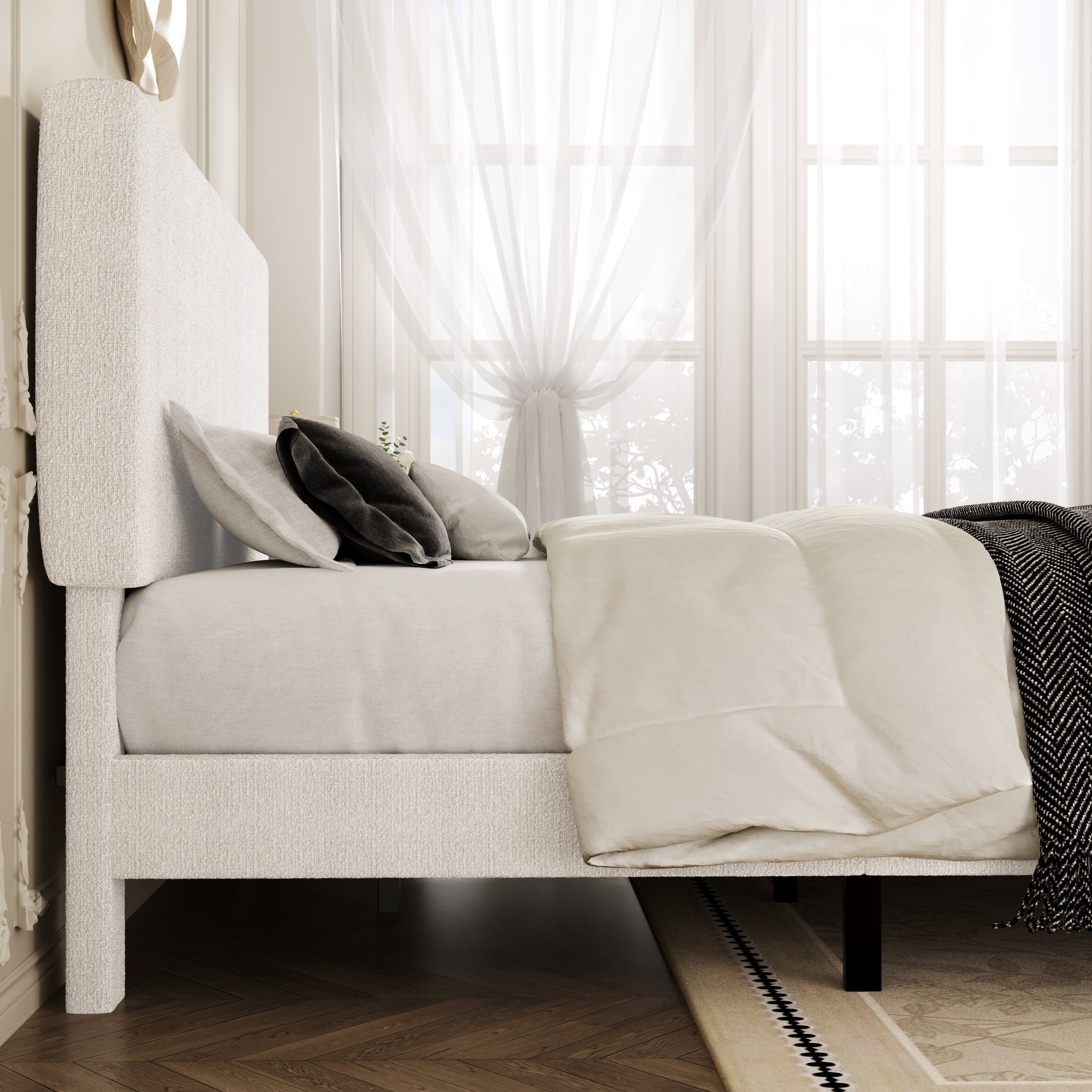 Amolife Queen Bed Frame, Platform Bed Frame with Upholstered Adjustable Headboard, White, Nubby Fabric