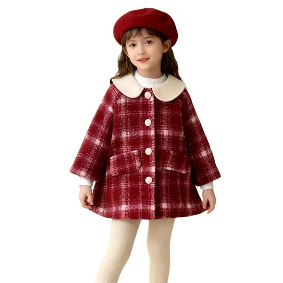 NAISIBABY Girls Woolen Coat (1-10T), Thermal Quilted Lined Plaid Collar Buttons Winetr Mid Length Dressy Peacoat Red 10T