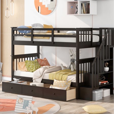 Twintwin Bunk Bed With Three Drawers. Strong And Stable Construction. Extra Sleeping Option For Bedroom Or Dorm. Under-stair Storage Spaces. Versatile, Can Be Two Separate Beds. Safe Guardrails