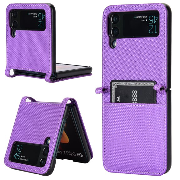 SaniMore for Samsung Galaxy Z Flip 3 6.7" PU Leather Case, Magnetic Wallet Ultra-Thin Cover with Wrist Strap & Card Slot Anti-Scratch All-Inclusive Protective Shell, Purple