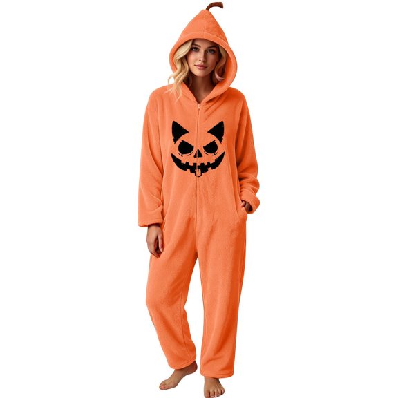 Inleife Women's Halloween Pumpkin Face Print Hooded Plush Fleece Onesie, Full Zip Jumpsuit with Side Pockets for Cosplay Holiday Party Wear