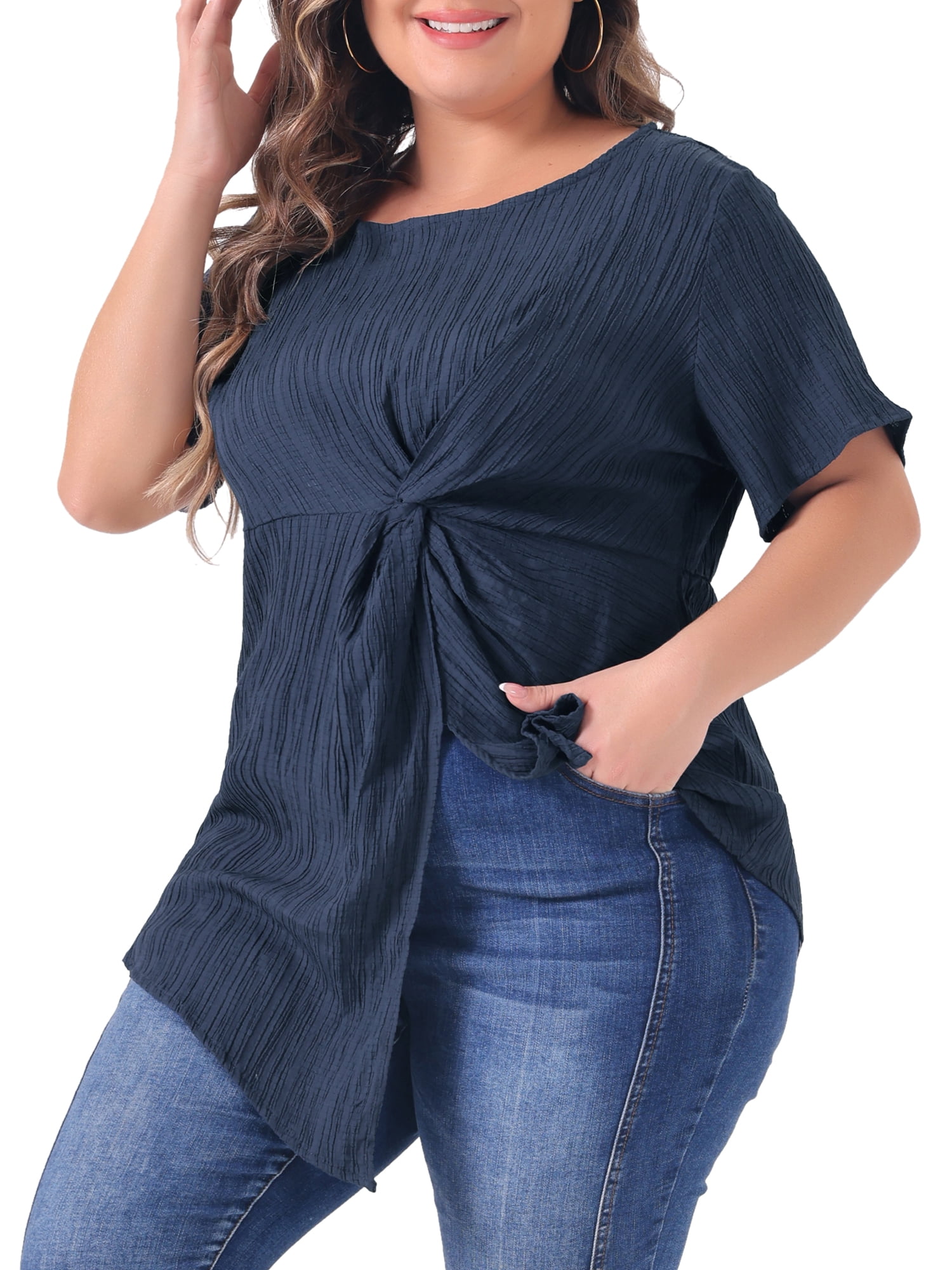 DARING DIVA Women's Plus Round Neck Asymmetrical Hem Twist Knot Top 4X Dark Blue
