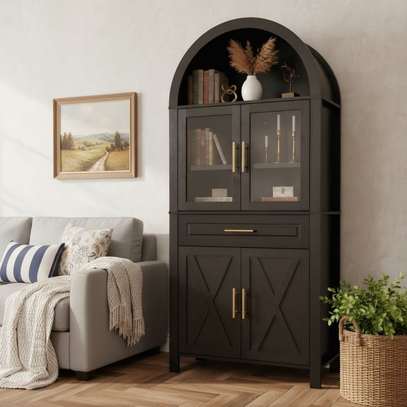 71 Tall Arched Pantry Cabinet, Farmhouse Wood Kitchen Cabinet with Large Drawers, 6-Tier Barn Doors Storage Cabinet with Adjustable Shelf for Living Room,Dining Room,Black