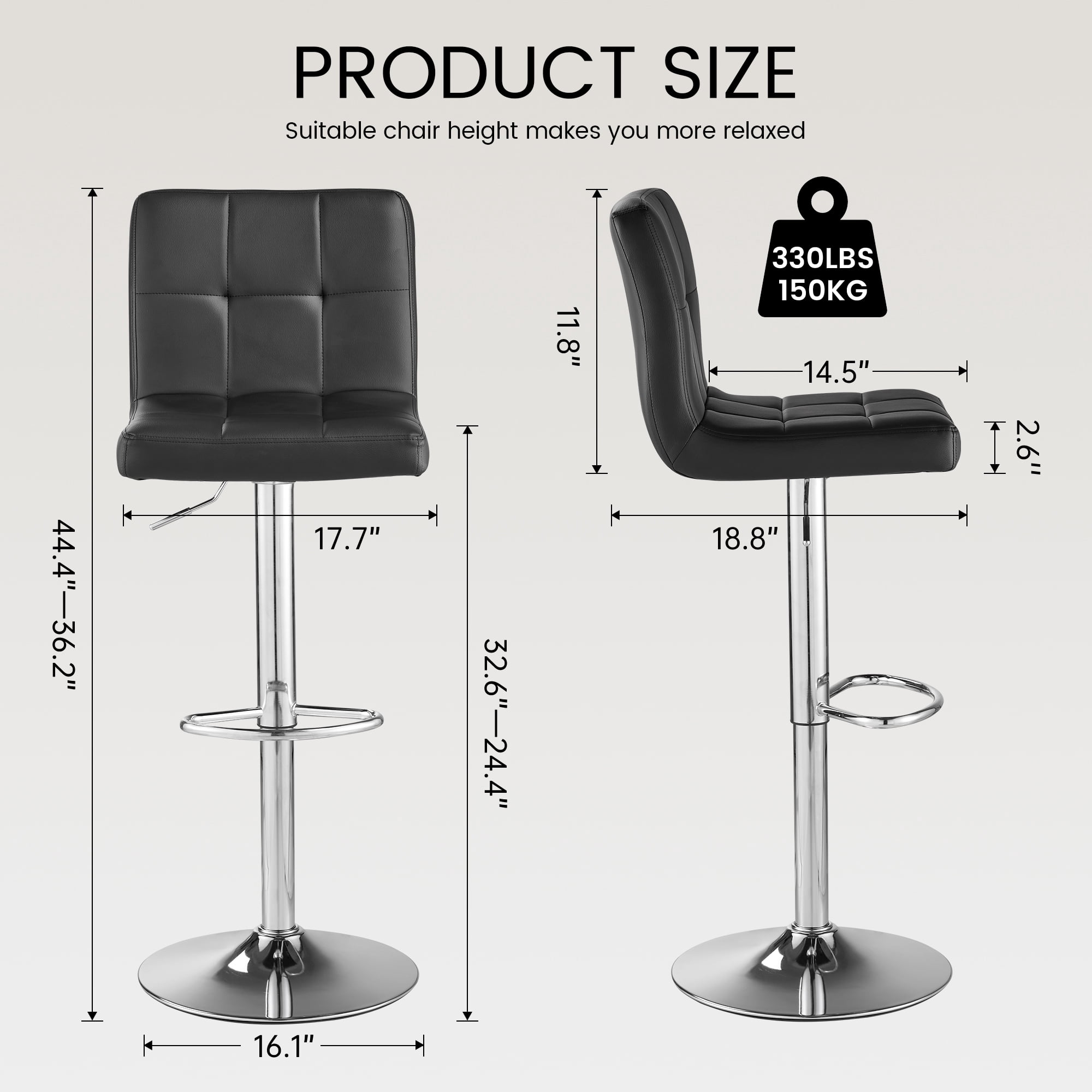 SAETSFEG Bar Stools, Thickened Seat Cushion Adjustable Swivel Bar Stool with Backrest, Counter Height PU Leather Bar Chairs for Kitchen Island, Dining Room, Black