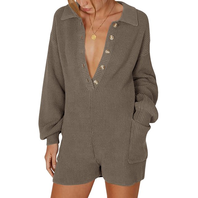 xiaxaixu Women’s Ribbed Knit Rompers Long Sleeve Solid Color Button Down Jumpsuit Shorts Loungewear