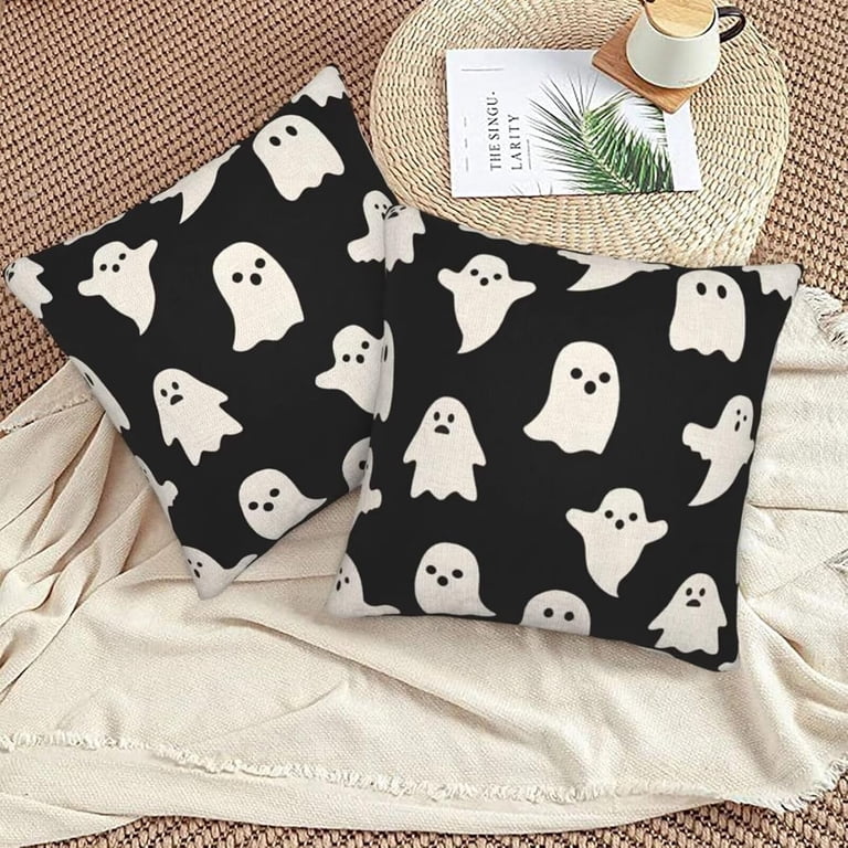 Halloween Cow Pillow Cover 18x18 Inch – 'Bull Sheet' Ghost Cows With Pumpkins, Black Farmhouse Throw Pillow Case For Couch