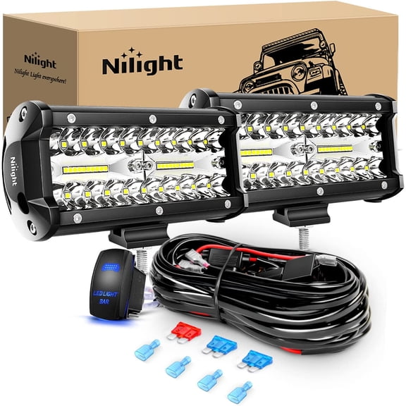 Nilight 6.5Inch 2PCS 120W Spot & Flood Combo Bar Driving Waterproof Led Work Light Triple Rows with 5 Pin Rocker Switch Power 16AWG Wiring Harness Kit-2 Leads for Off-Road Truck