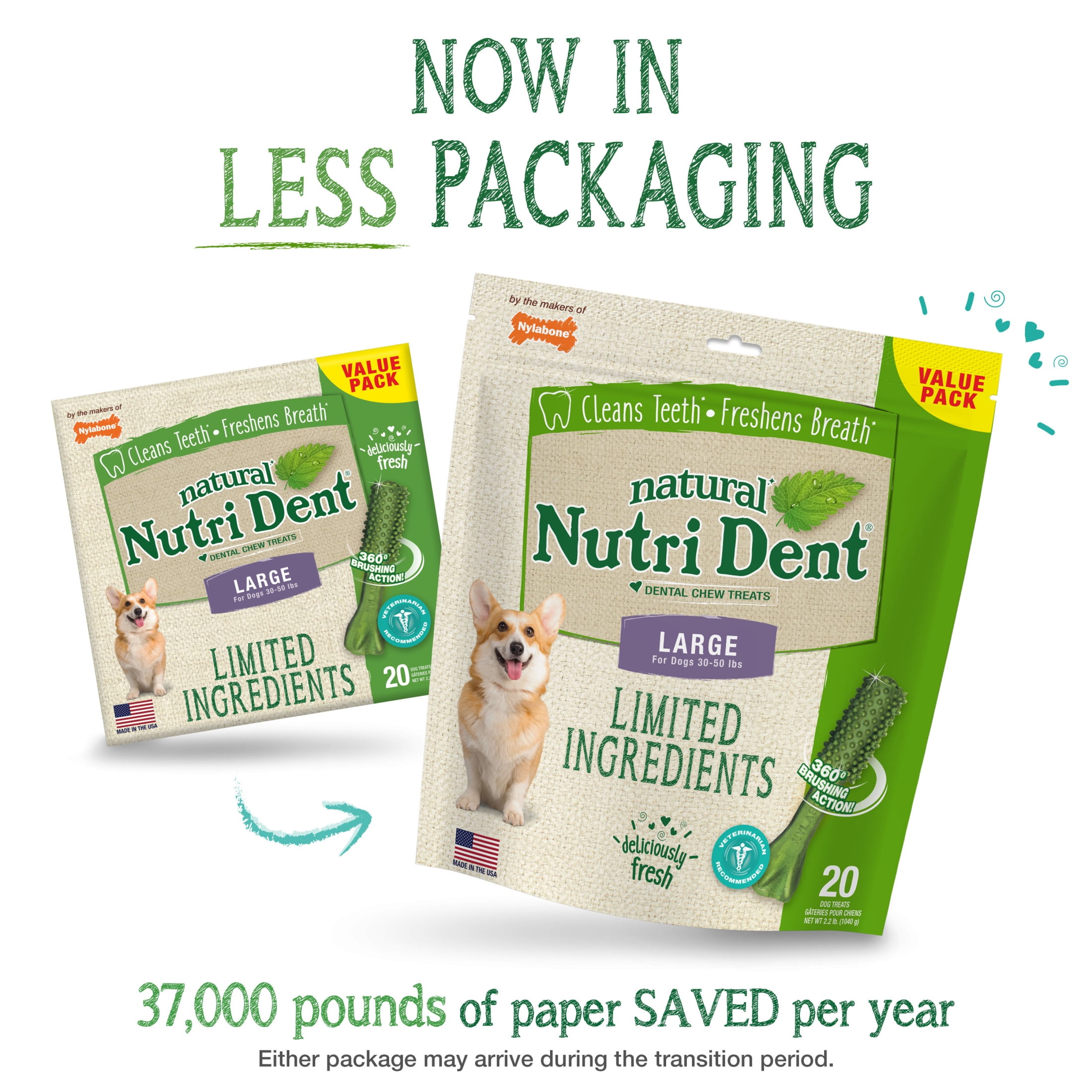 Nylabone Nutri Dent Natural Dental Chews for Dogs, Limited Ingredient Dog Treats, Teeth Cleaning Dental Sticks for Dogs, Fresh Breath Flavor, For Large Dogs (20 Count)
