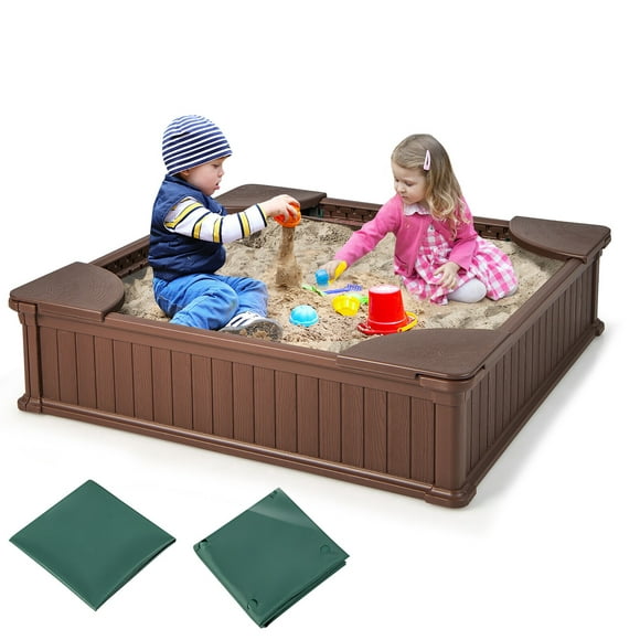 Gymax Kids Outdoor Sandbox 48.5'' x 48.5'' x 12.5'' Large HDPE Sandpit with Oxford Cover Brown