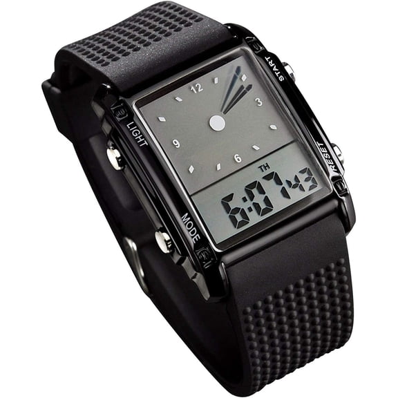 Men's Rectangle Dial Sports Wrist Watches with 7 Colors Optional LED Backlight Multifunctional Alarm Stopwatch 12/24H Rubber Strap Watch